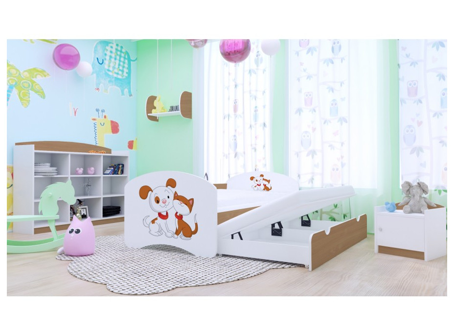 Dětská postel pro DVA (s výsuvným lůžkem) 200x90 cm - PEJSEK A KOČIČKA
