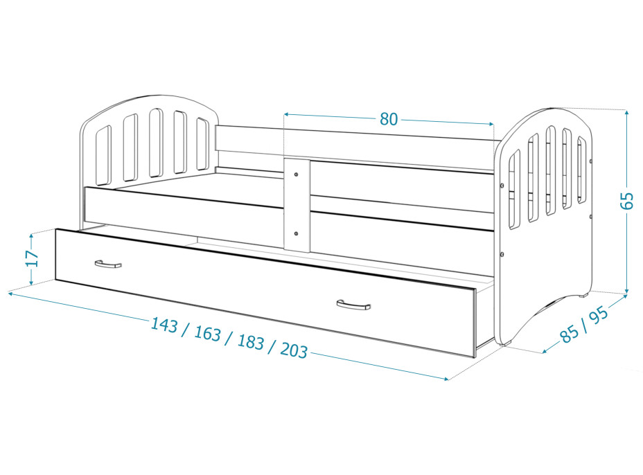 Dětská postel se šuplíkem HAPPY - 160x80 cm - sonoma-bílá