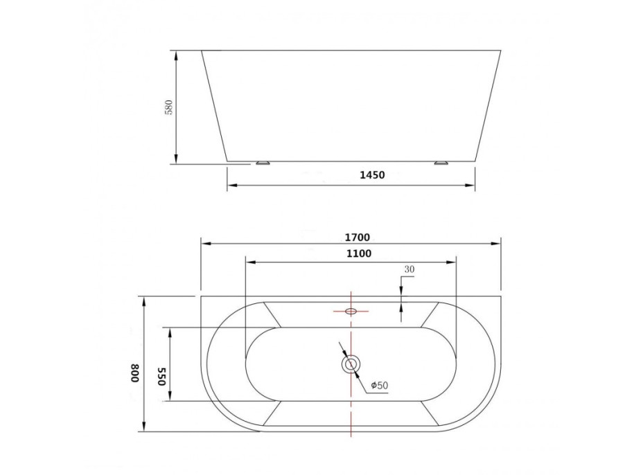 Přístěnná akrylátová vana MEXEN OVAL 170x80 cm - bílá, 52671708000