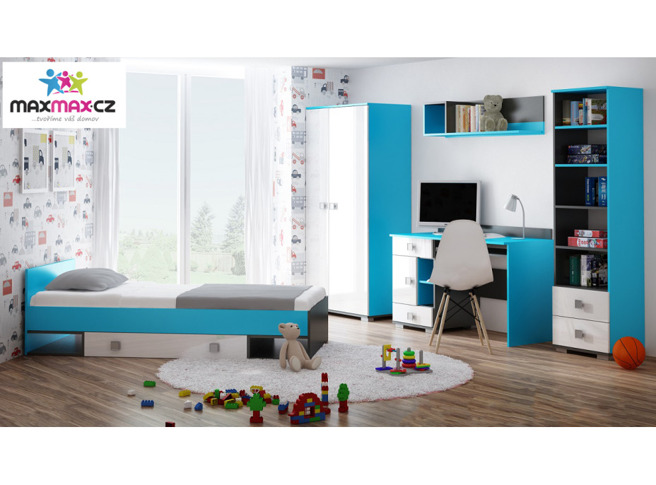 Rohová šatní skříň s policemi a tyčí na ramínka - BLUE - vysoký lesk