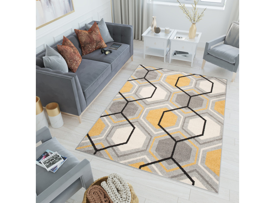 Kusový koberec AZUR plástev - šedý/tmavě šedý/oranžový