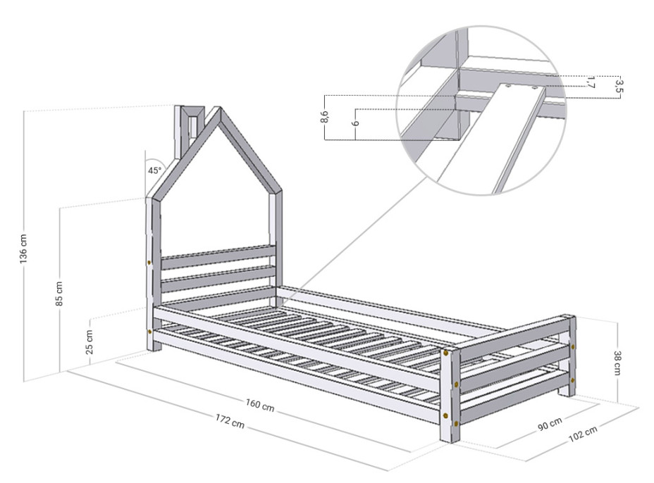 Dětská designová postel z masivu 160x90 cm DOMEČEK 2