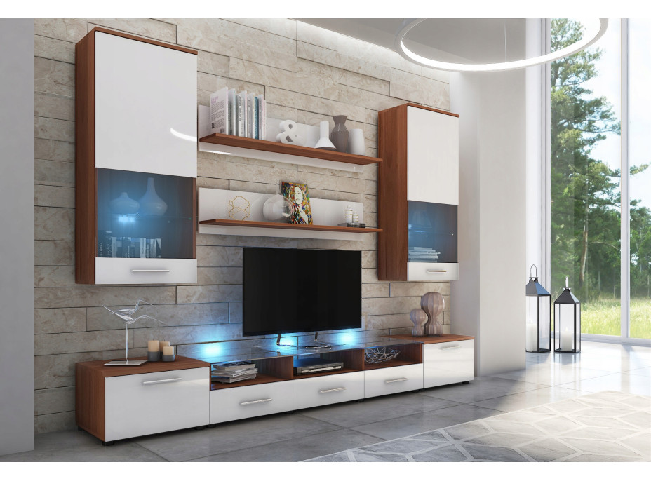 Obývací stěna COSMOS II s LED podsvícením - švestka/bílá lesklá