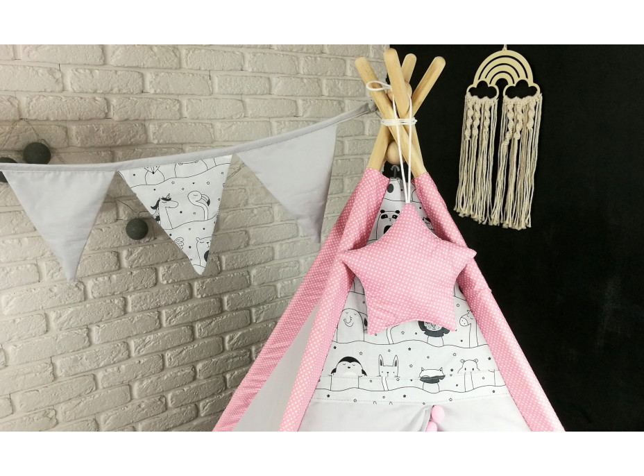 Dětský stan TEEPEE (TÝPÍ) LUXURY s doplňky - LAMA A KAMARÁDI - šedo/růžový