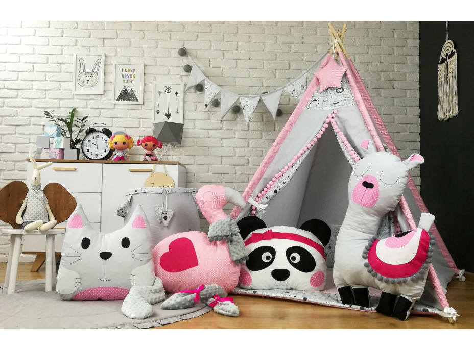 Dětský stan TEEPEE (TÝPÍ) LUXURY s doplňky - LAMA A KAMARÁDI - šedo/růžový