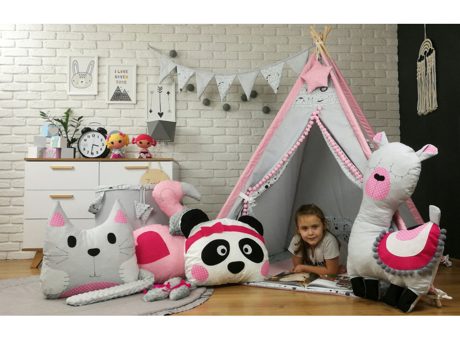 Dětský stan TEEPEE (TÝPÍ) LUXURY s doplňky - LAMA A KAMARÁDI - šedo/růžový