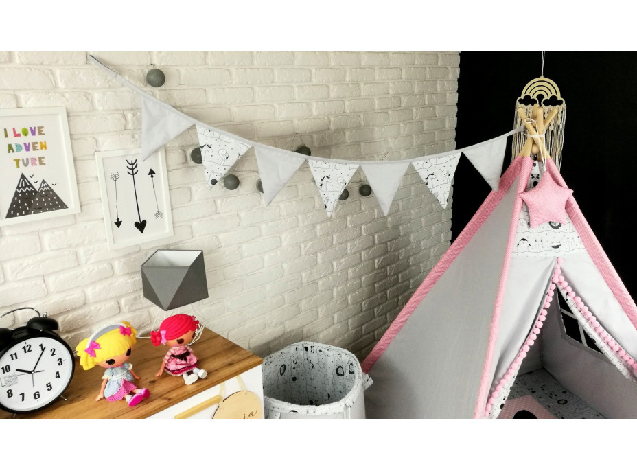 Dětský stan TEEPEE (TÝPÍ) LUXURY s doplňky - LAMA A KAMARÁDI - šedo/růžový