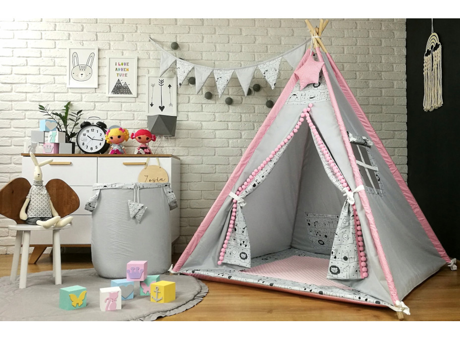 Dětský stan TEEPEE (TÝPÍ) LUXURY s doplňky - LAMA A KAMARÁDI - šedo/růžový