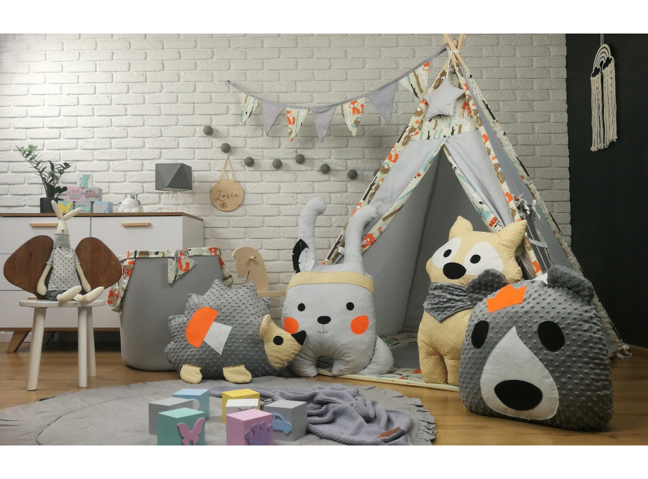 Dětský stan TEEPEE (TÝPÍ) LUXURY s doplňky - LESNÍ ZVÍŘÁTKA - šedo/béžový