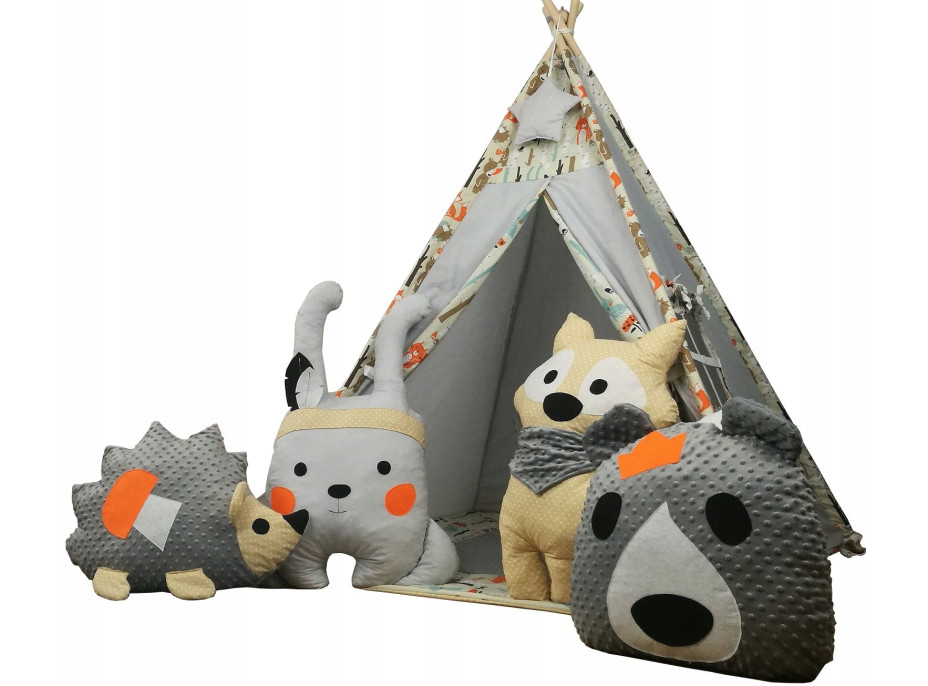 Dětský stan TEEPEE (TÝPÍ) LUXURY s doplňky - LESNÍ ZVÍŘÁTKA - šedo/béžový