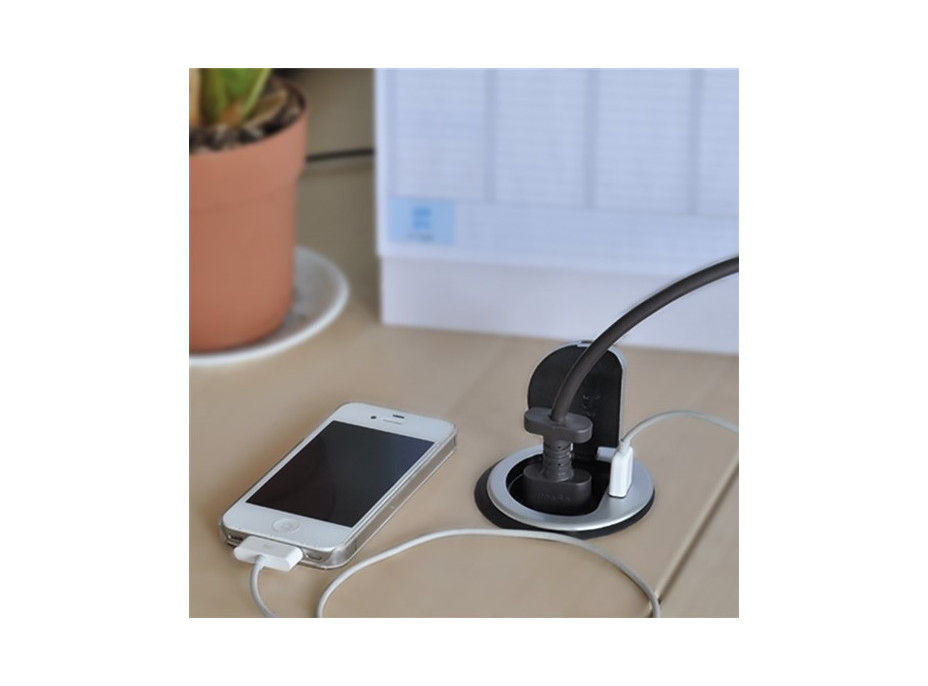 Vestavná zásuvka do desky s krytkou - 1 zásuvka + USB - černá matná