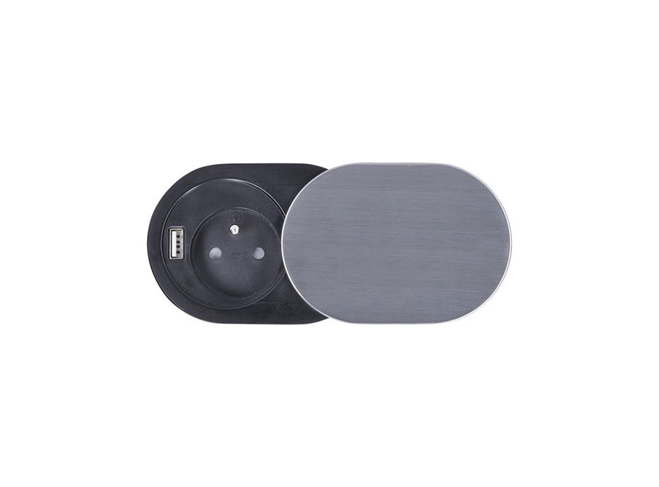 Vestavná zásuvka do desky s posuvnou krytkou - 1 zásuvka + USB - stříbrná