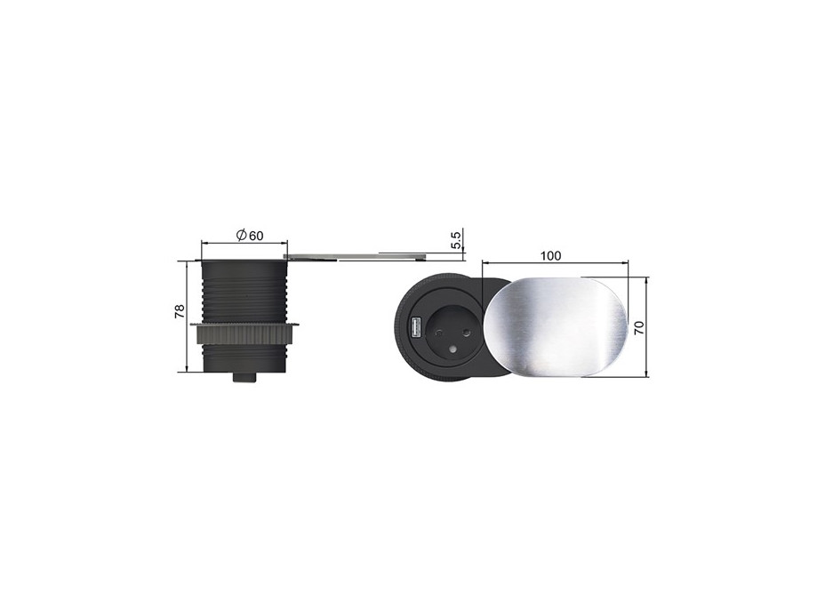 Vestavná zásuvka do desky s posuvnou krytkou - 1 zásuvka + USB - stříbrná