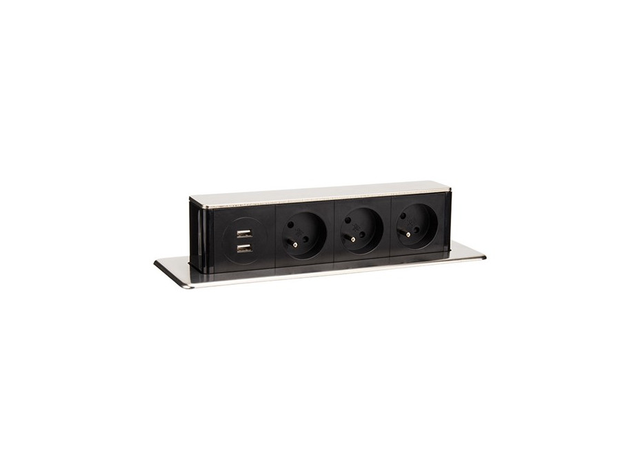 Vestavný podélný blok zásuvek do desky - výsuvný - 3x zásuvka + 2x USB - stříbrný