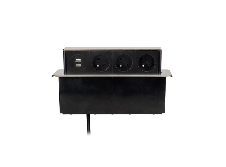 Vestavný podélný blok zásuvek do desky - výsuvný - 3x zásuvka + 2x USB - stříbrný