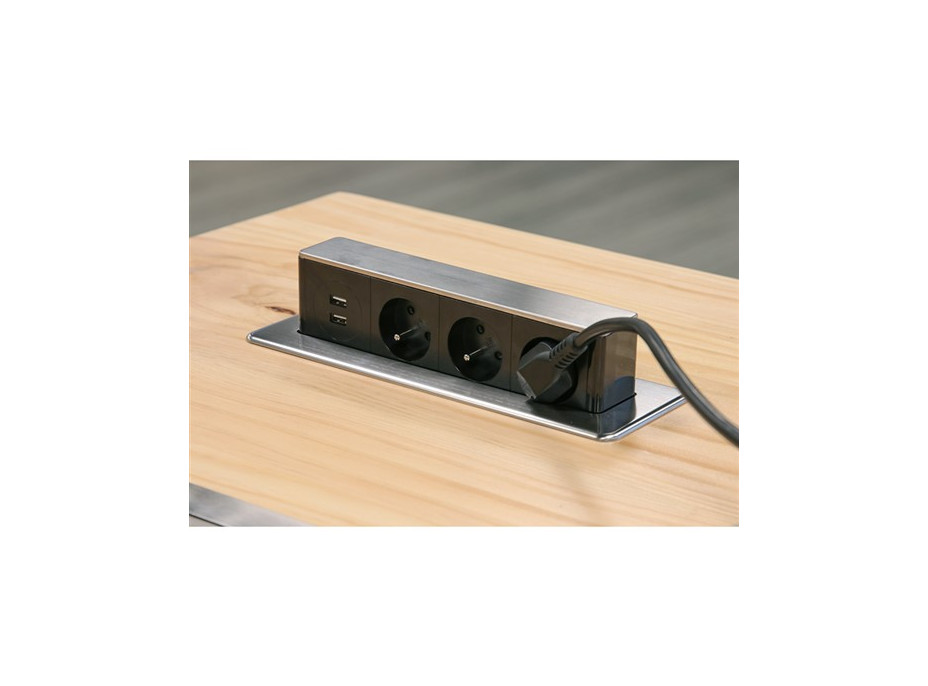 Vestavný podélný blok zásuvek do desky - výsuvný - 3x zásuvka + 2x USB - stříbrný