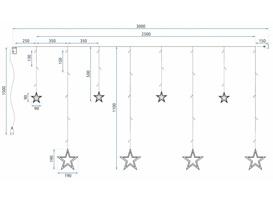 Vánoční svítící řetěz - hvězdy - 92 LED - 250x110 cm