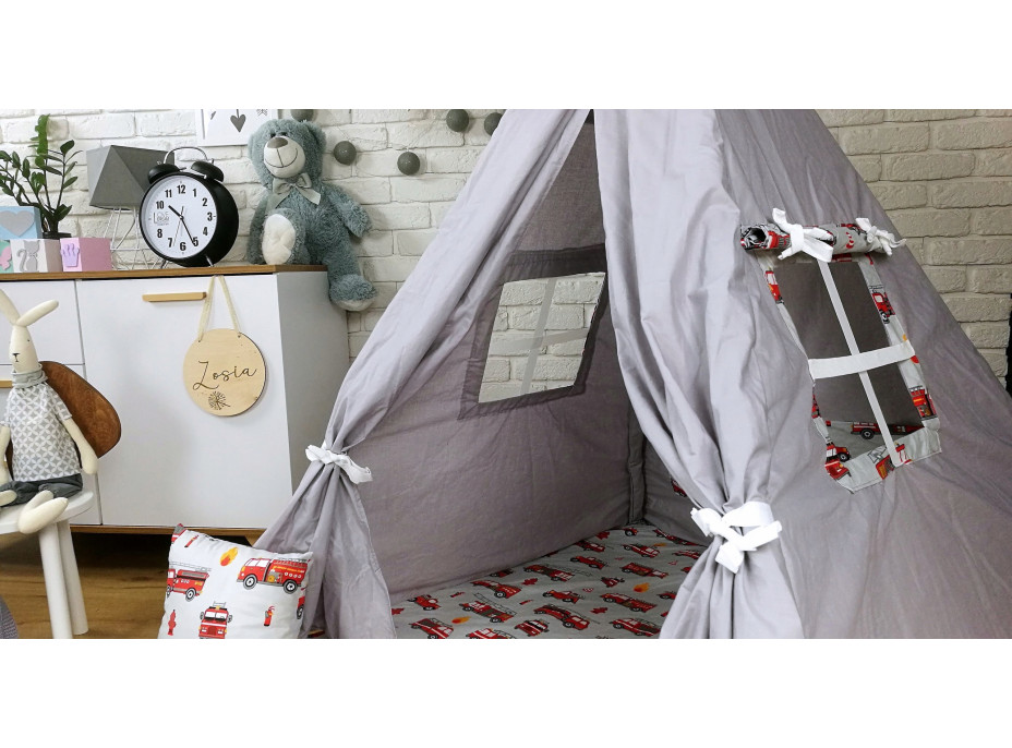 Dětský stan TEEPEE (TÝPÍ) HASIČI s doplňky - šedý/bílý