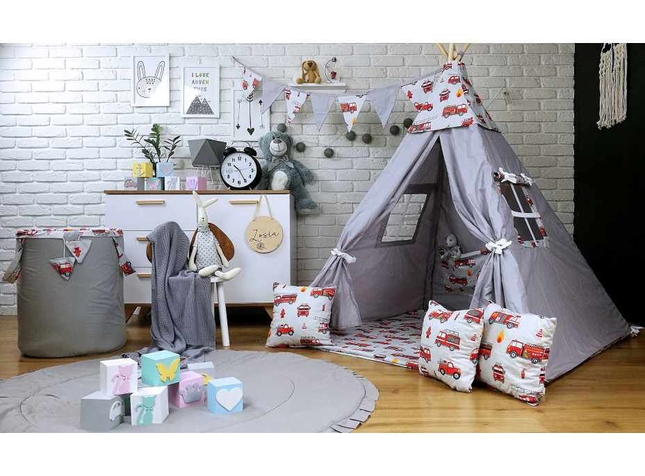 Dětský stan TEEPEE (TÝPÍ) HASIČI s doplňky - šedý/bílý