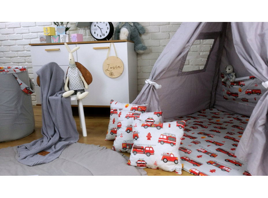 Dětský stan TEEPEE (TÝPÍ) HASIČI s doplňky - šedý/bílý
