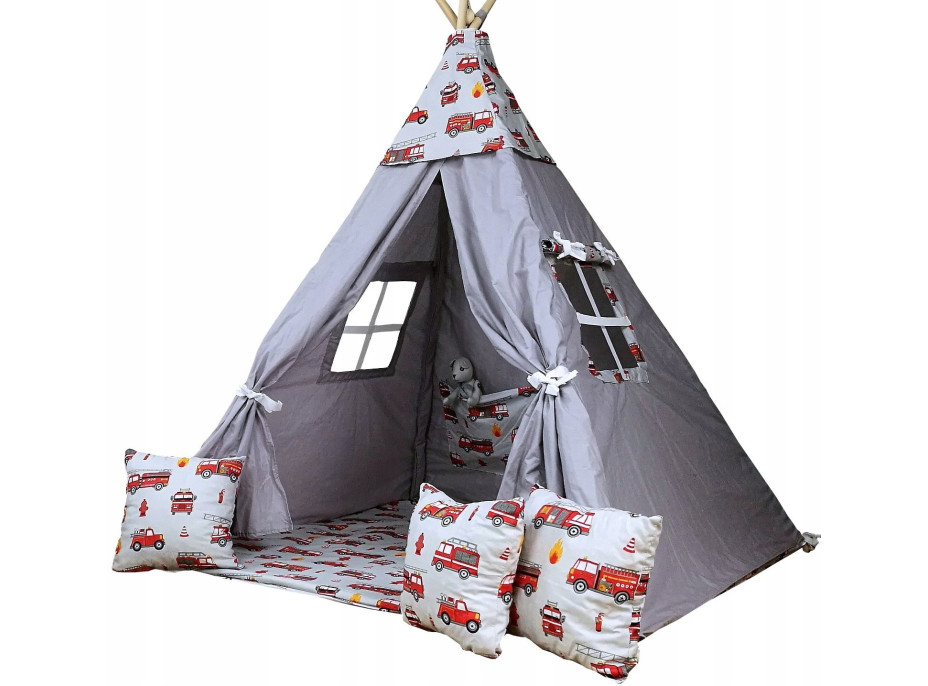 Dětský stan TEEPEE (TÝPÍ) HASIČI s doplňky - šedý/bílý