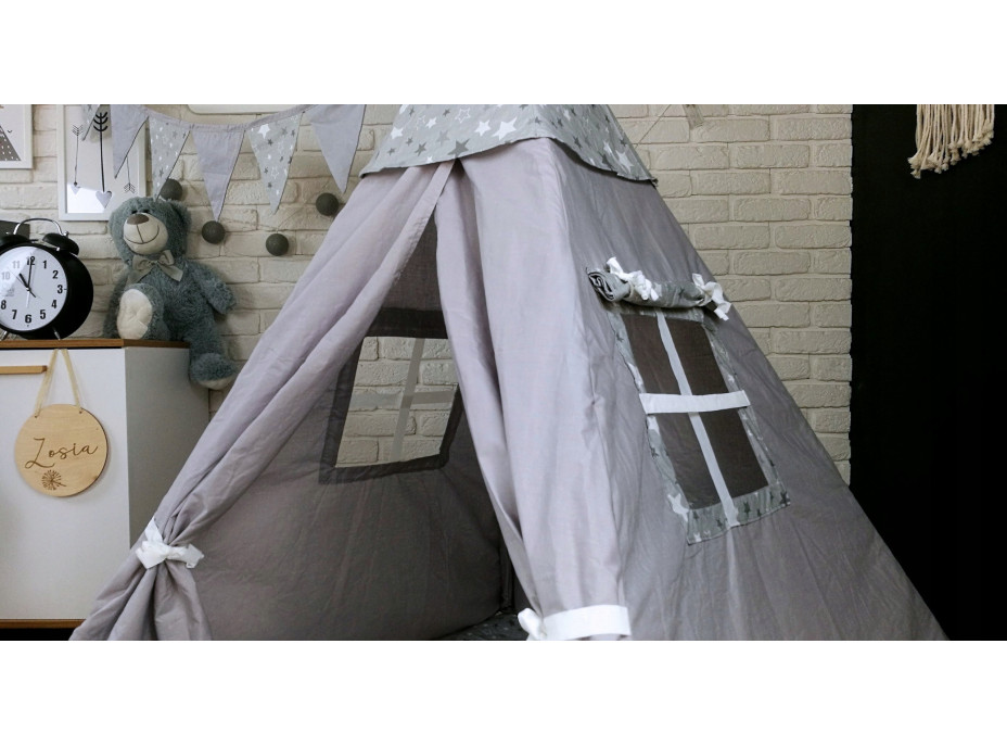 Dětský stan TEEPEE (TÝPÍ) HVĚZDIČKY s doplňky - šedý