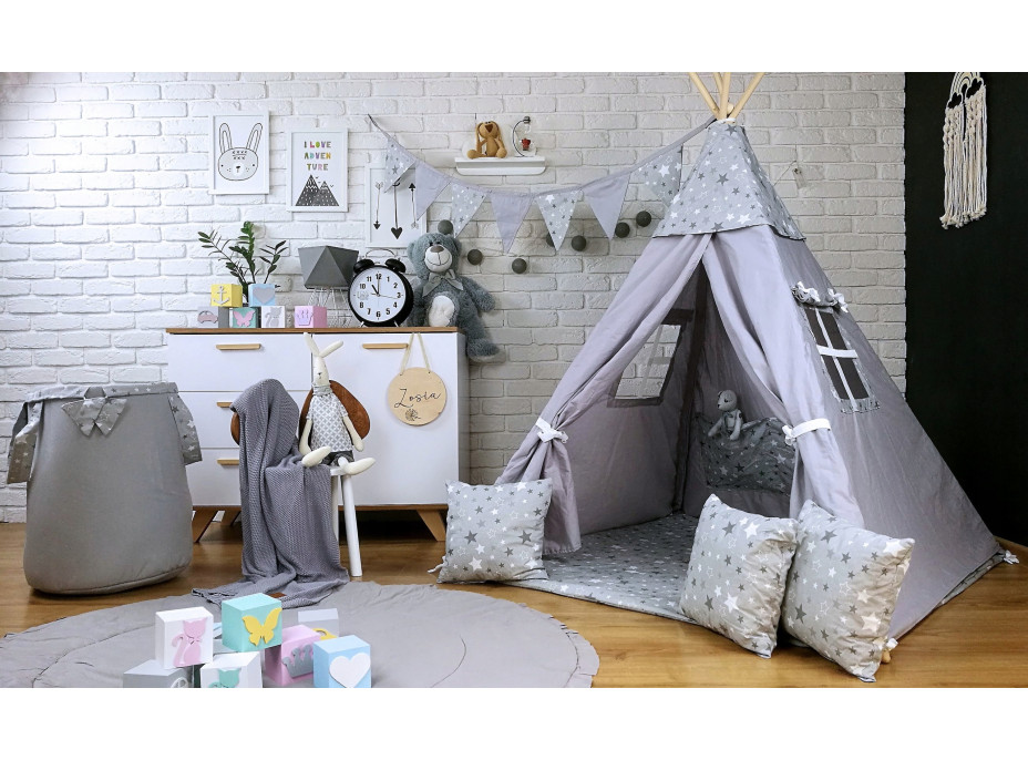 Dětský stan TEEPEE (TÝPÍ) HVĚZDIČKY s doplňky - šedý