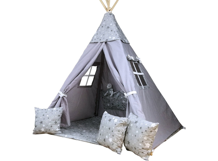 Dětský stan TEEPEE (TÝPÍ) HVĚZDIČKY s doplňky - šedý