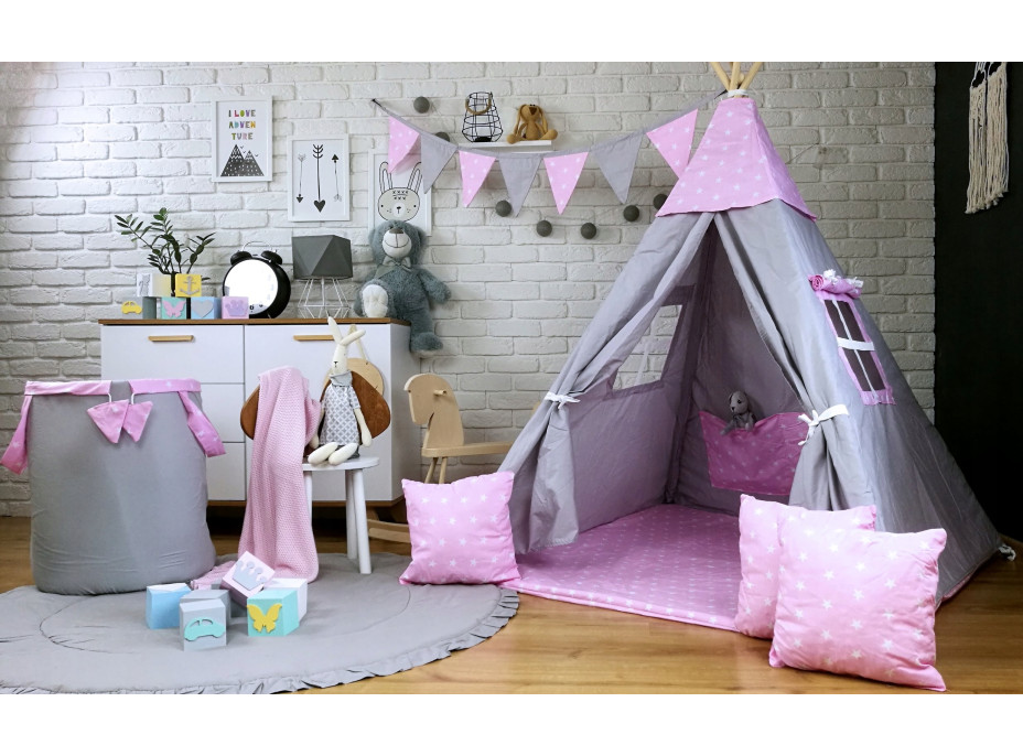 Dětský stan TEEPEE (TÝPÍ) HVĚZDIČKY s doplňky - šedý/světle růžový