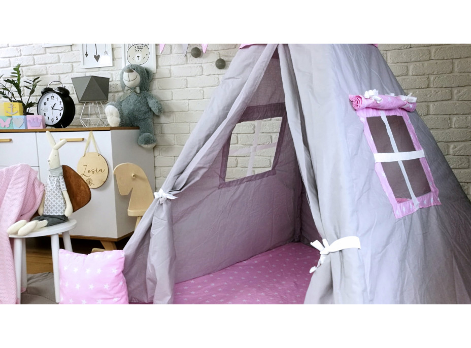 Dětský stan TEEPEE (TÝPÍ) HVĚZDIČKY s doplňky - šedý/světle růžový