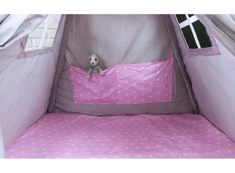 Dětský stan TEEPEE (TÝPÍ) HVĚZDIČKY s doplňky - šedý/světle růžový