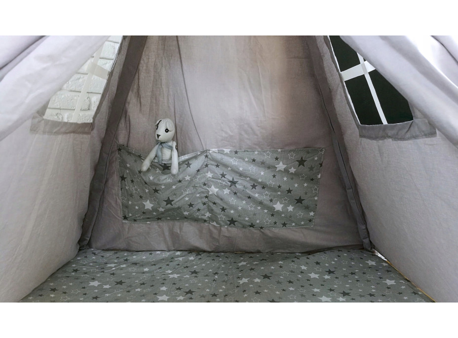 Dětský stan TEEPEE (TÝPÍ) HVĚZDIČKY s doplňky - šedý