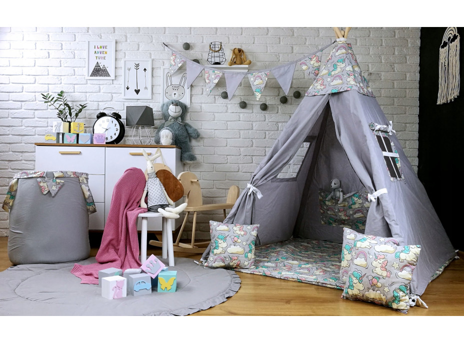 Dětský stan TEEPEE (TÝPÍ) JEDNOROŽCI s doplňky - šedý