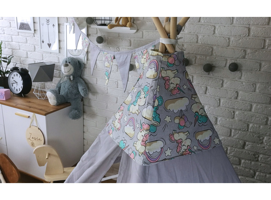 Dětský stan TEEPEE (TÝPÍ) JEDNOROŽCI s doplňky - šedý