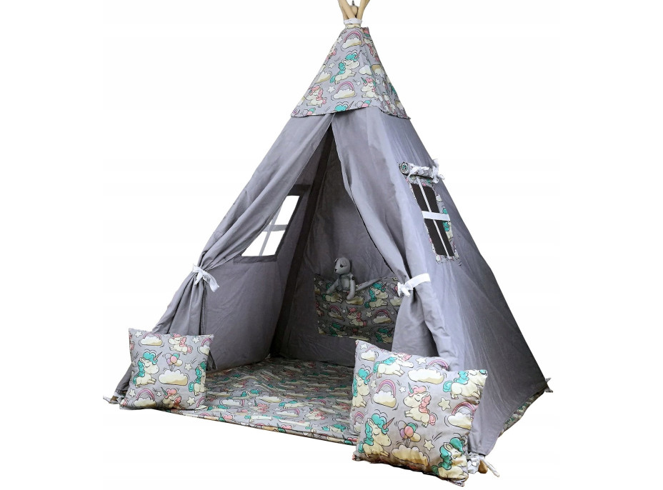 Dětský stan TEEPEE (TÝPÍ) JEDNOROŽCI s doplňky - šedý