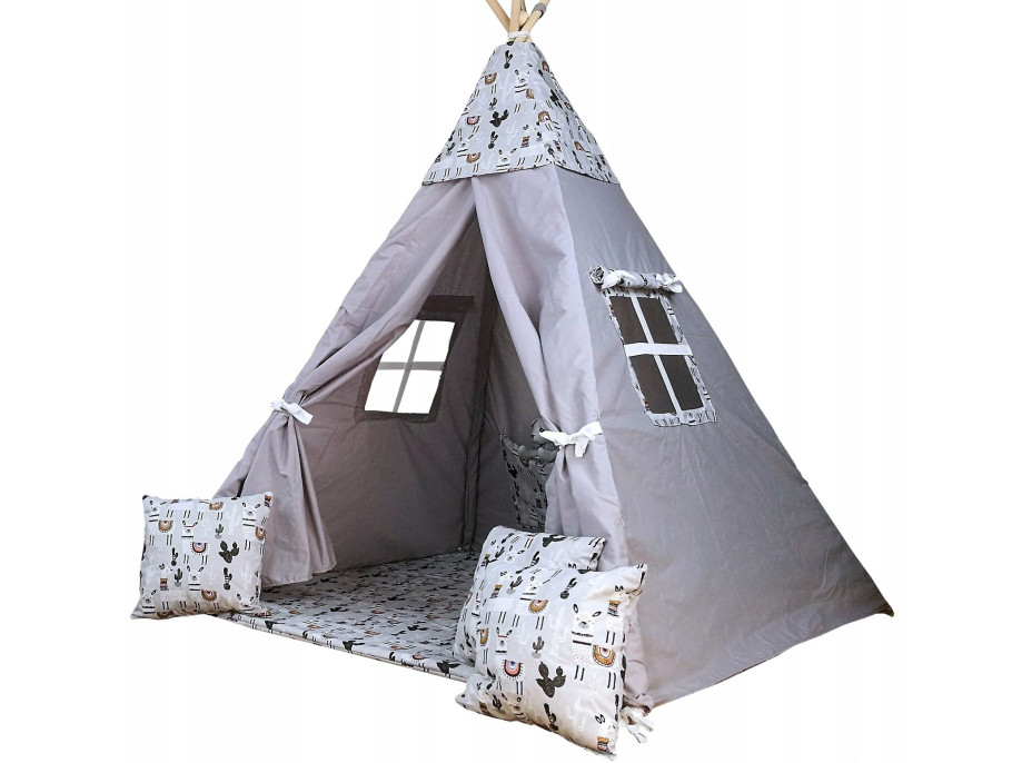 Dětský stan TEEPEE (TÝPÍ) LAMY A KAKTUSY s doplňky - šedý/bílý