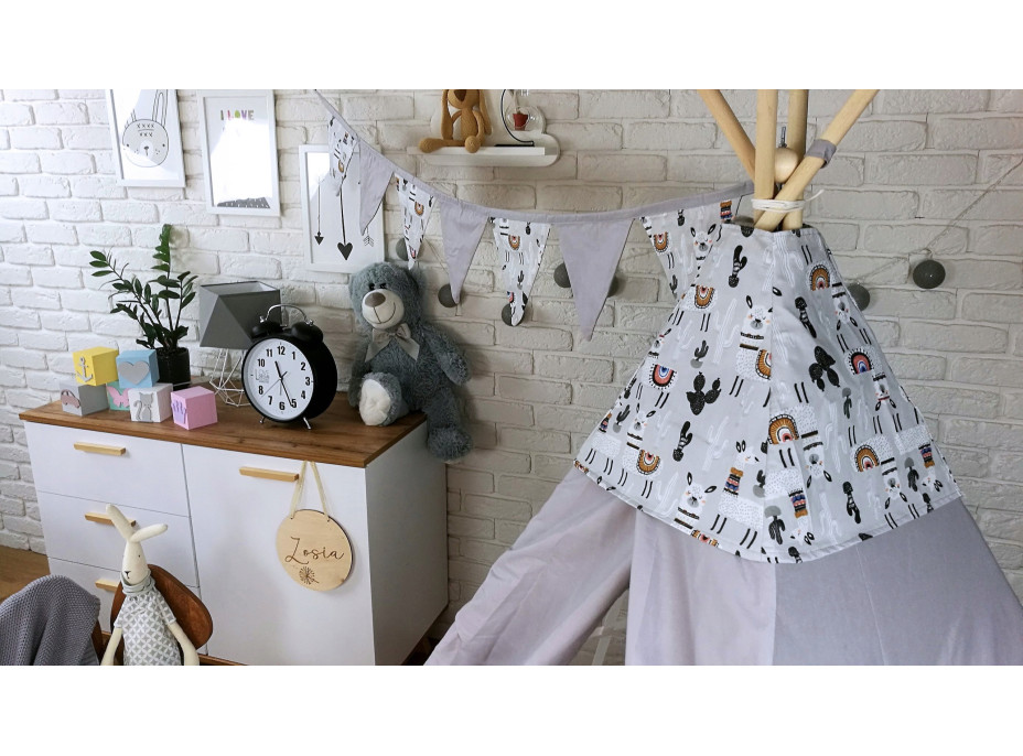 Dětský stan TEEPEE (TÝPÍ) LAMY A KAKTUSY s doplňky - šedý/bílý
