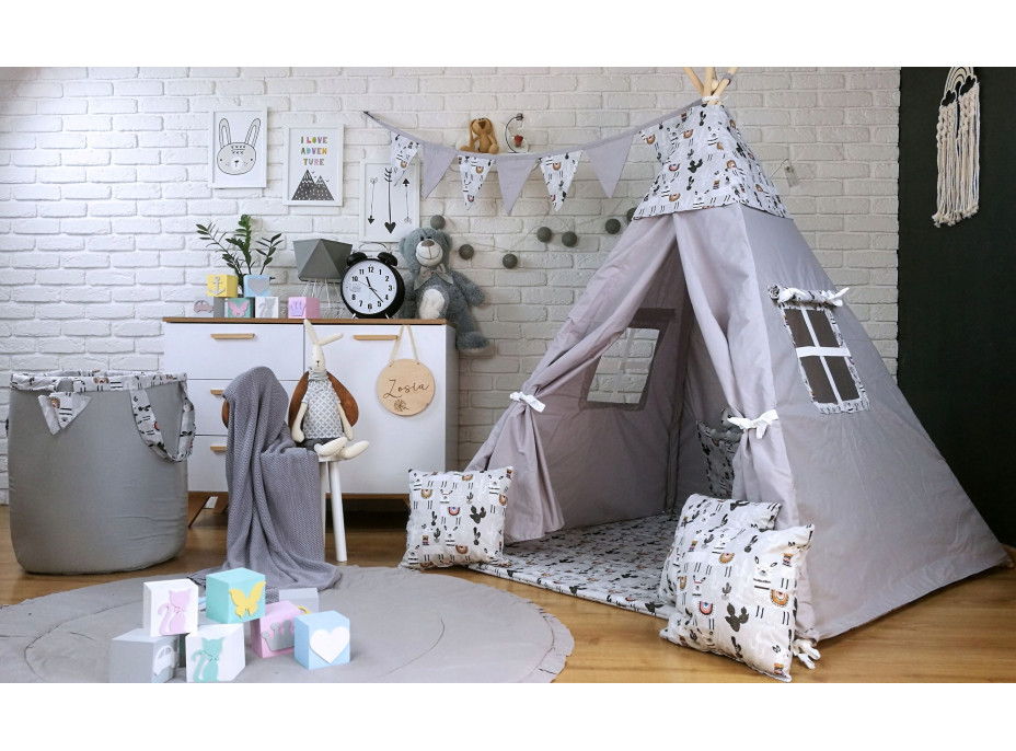 Dětský stan TEEPEE (TÝPÍ) LAMY A KAKTUSY s doplňky - šedý/bílý
