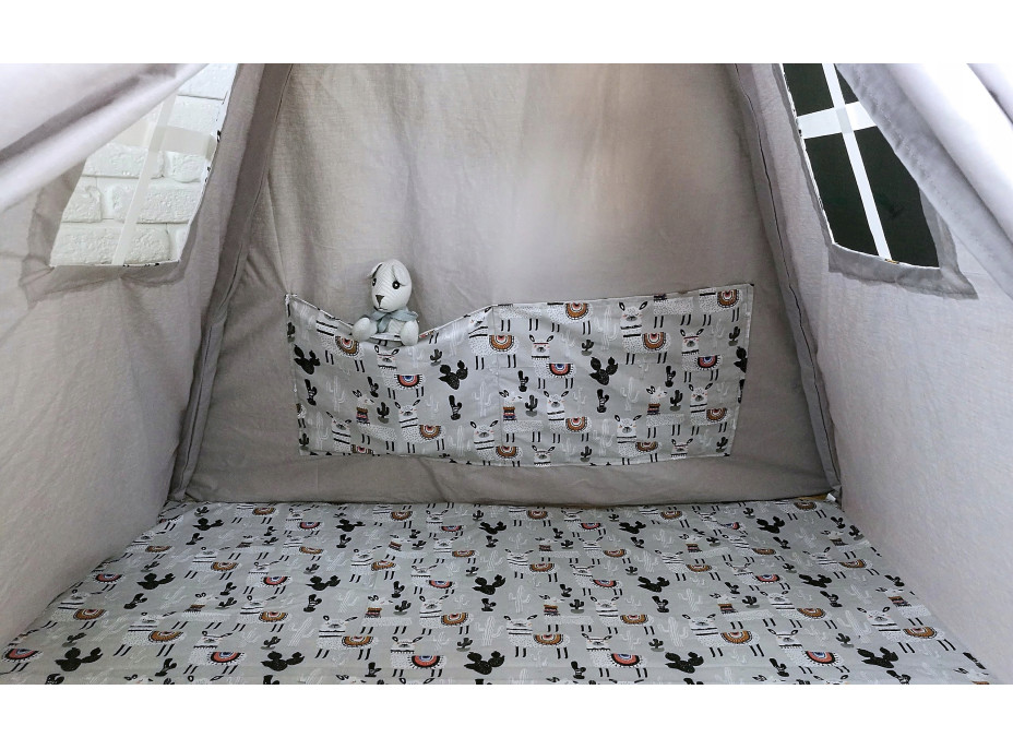 Dětský stan TEEPEE (TÝPÍ) LAMY A KAKTUSY s doplňky - šedý/bílý