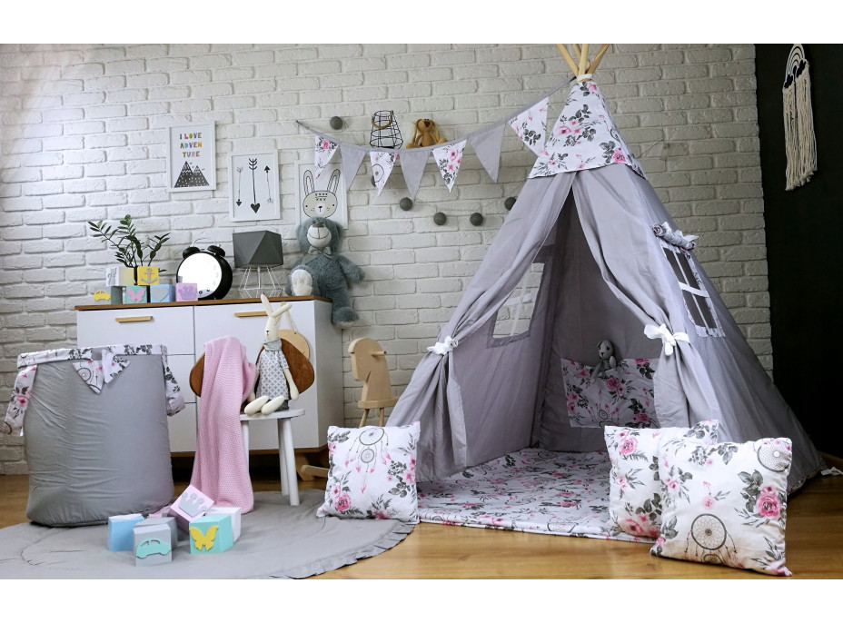 Dětský stan TEEPEE (TÝPÍ) LAPAČE SNŮ A RŮŽE s doplňky - šedý/bílý