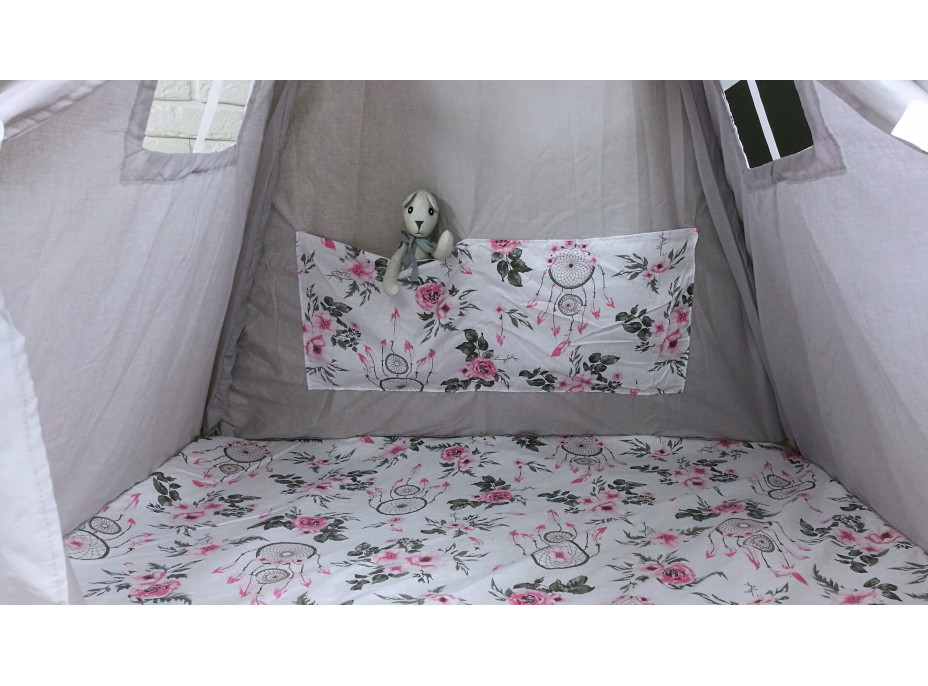 Dětský stan TEEPEE (TÝPÍ) LAPAČE SNŮ A RŮŽE s doplňky - šedý/bílý