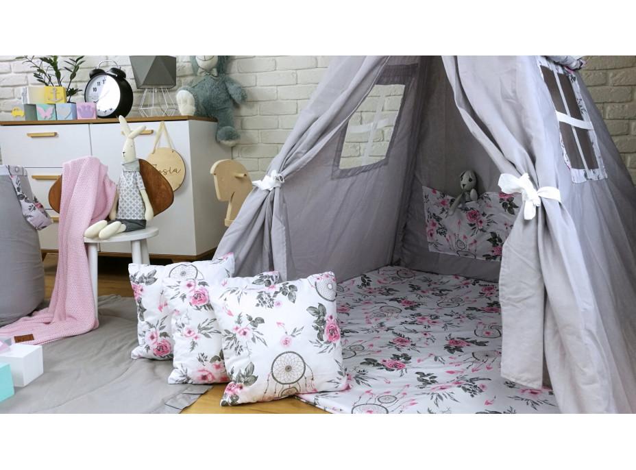 Dětský stan TEEPEE (TÝPÍ) LAPAČE SNŮ A RŮŽE s doplňky - šedý/bílý