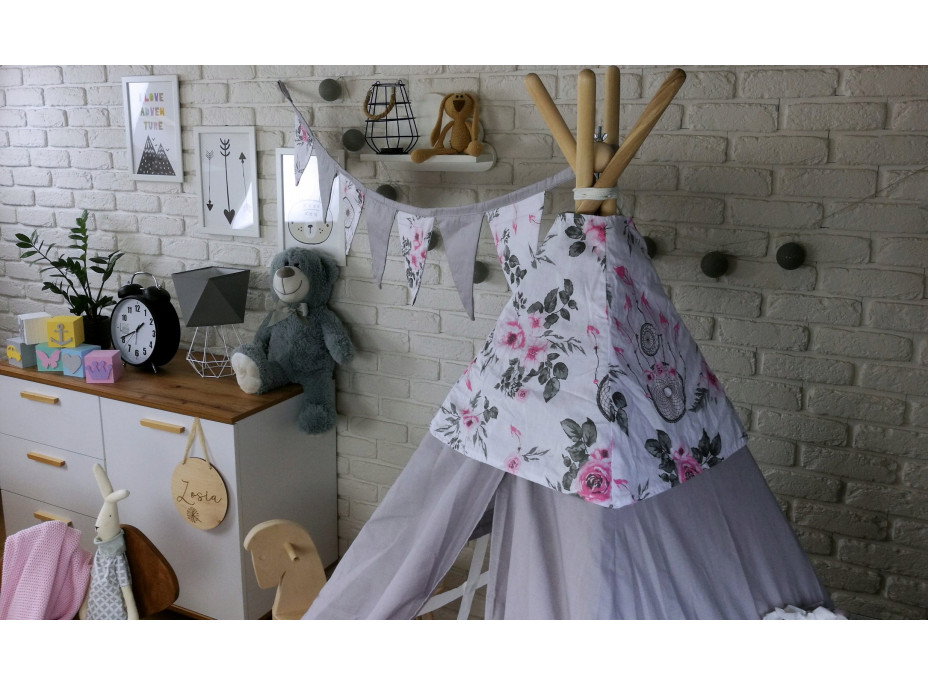 Dětský stan TEEPEE (TÝPÍ) LAPAČE SNŮ A RŮŽE s doplňky - šedý/bílý