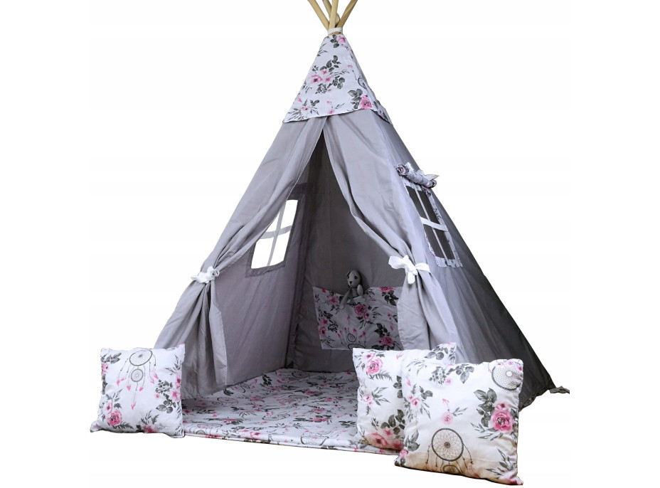 Dětský stan TEEPEE (TÝPÍ) LAPAČE SNŮ A RŮŽE s doplňky - šedý/bílý