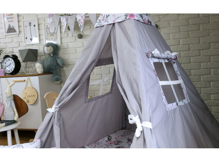 Dětský stan TEEPEE (TÝPÍ) LAPAČE SNŮ A RŮŽE s doplňky - šedý/bílý