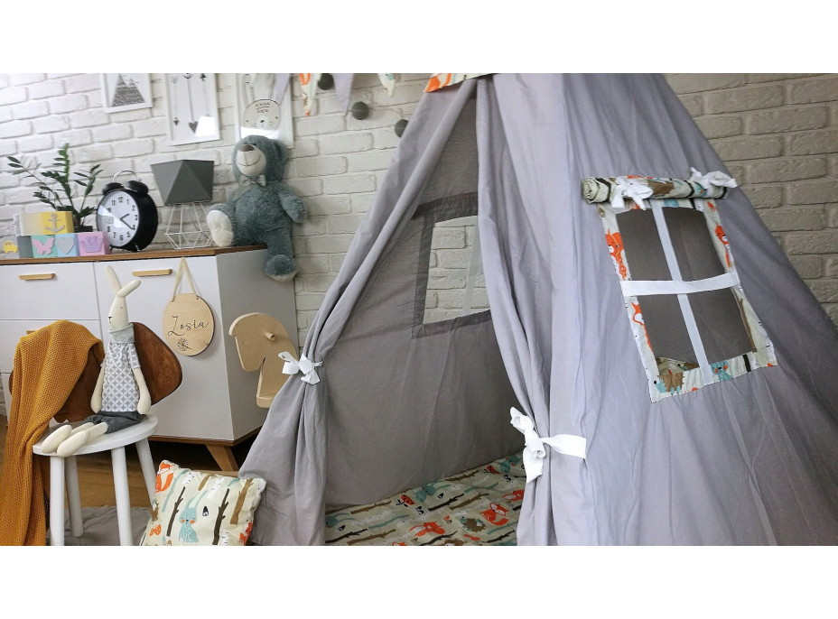 Dětský stan TEEPEE (TÝPÍ) LESNÍ ZVÍŘÁTKA s doplňky - šedý/béžový