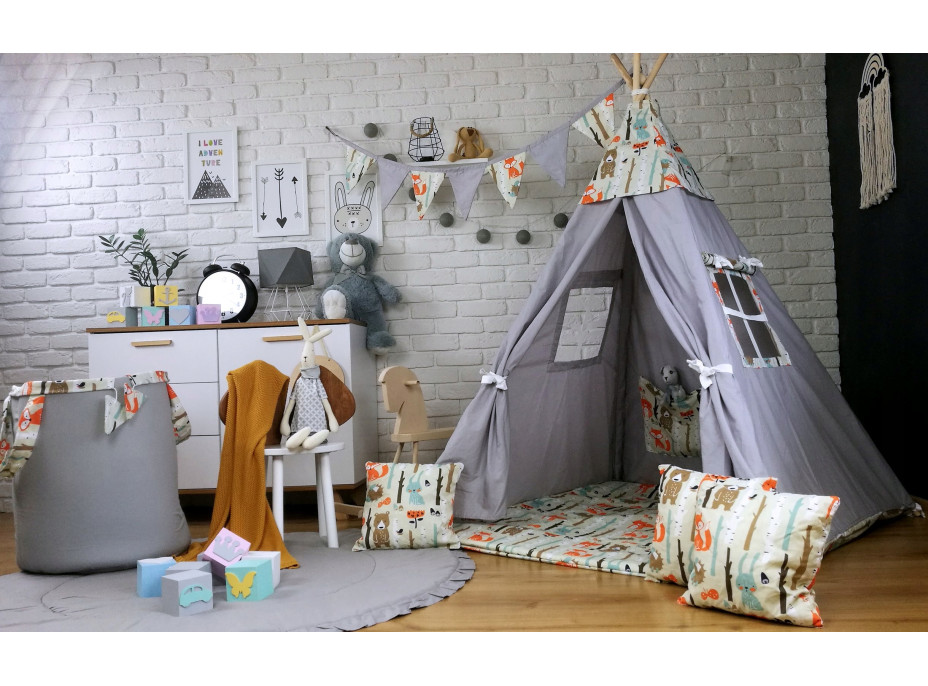 Dětský stan TEEPEE (TÝPÍ) LESNÍ ZVÍŘÁTKA s doplňky - šedý/béžový