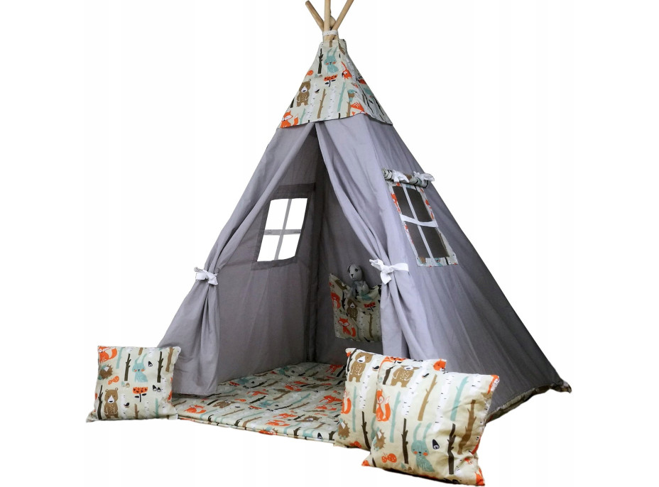 Dětský stan TEEPEE (TÝPÍ) LESNÍ ZVÍŘÁTKA s doplňky - šedý/béžový