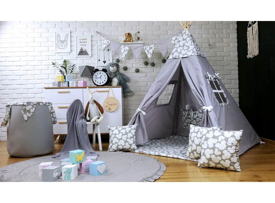 Dětský stan TEEPEE (TÝPÍ) MYŠKA s doplňky - šedý