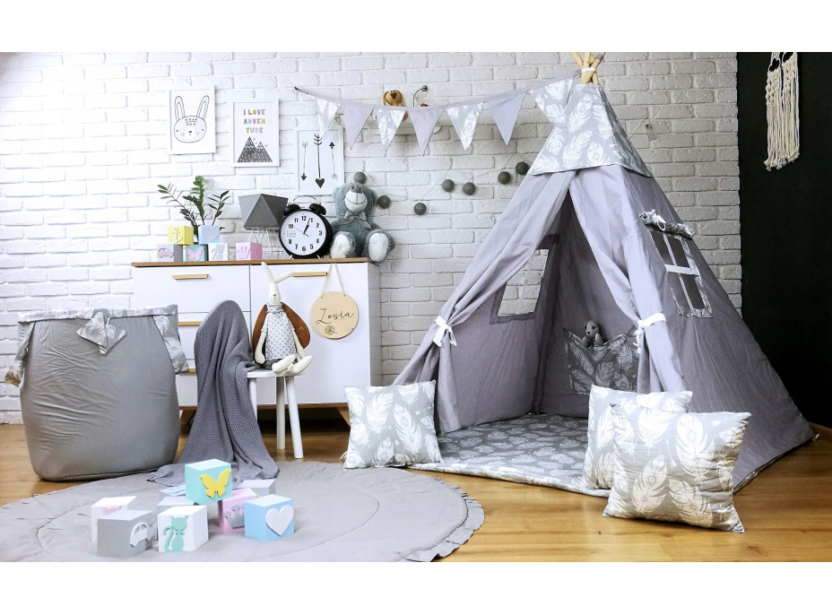 Dětský stan TEEPEE (TÝPÍ) PÍRKA s doplňky - šedý